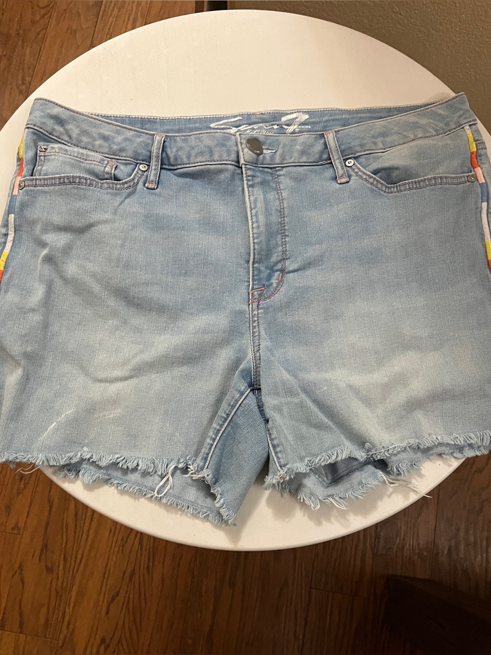 Seven7 Light Blue Denim Frayed Hem Shorts with Rainbow Trim